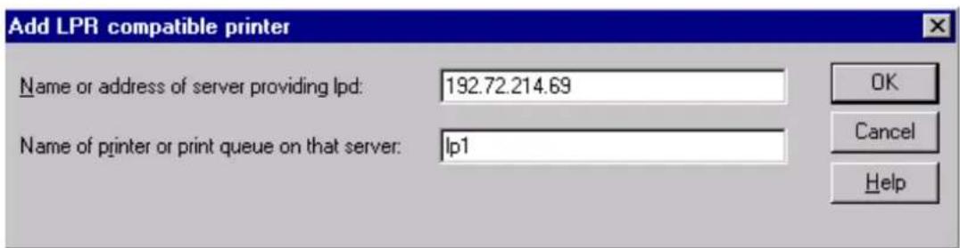 Add LPR compatible printer Name or address of server providing lpd: 192.72.214.69 Name of printer or print queue on that server: lp1 OK Cancel Help