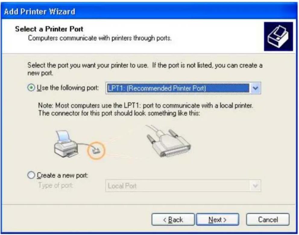 Add Printer Wizard Select a Printer Port Computers communicate with printers through ports. Select the port you want your printer to use. If the port is not listed, you can create a new port. Use the following port: LPT1: (Recommended Printer Port) Note: Most computers use the LPT1: port to communicate with a local printer. The connector for this port should look something like this: Create a new port: Type of port: Local Port < Back Next > Cancel