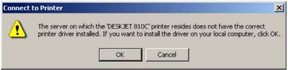 Connect to Printer The server on which the 'DESKJET 810C' printer resides does not have the correct printer driver installed. If you want to install the driver on your local computer, click OK. OK Cancel