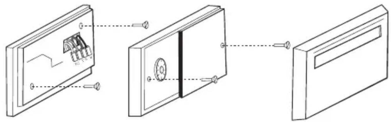 Technical diagram showing a device with labeled components and assembly steps, including a close-up view of internal structure.