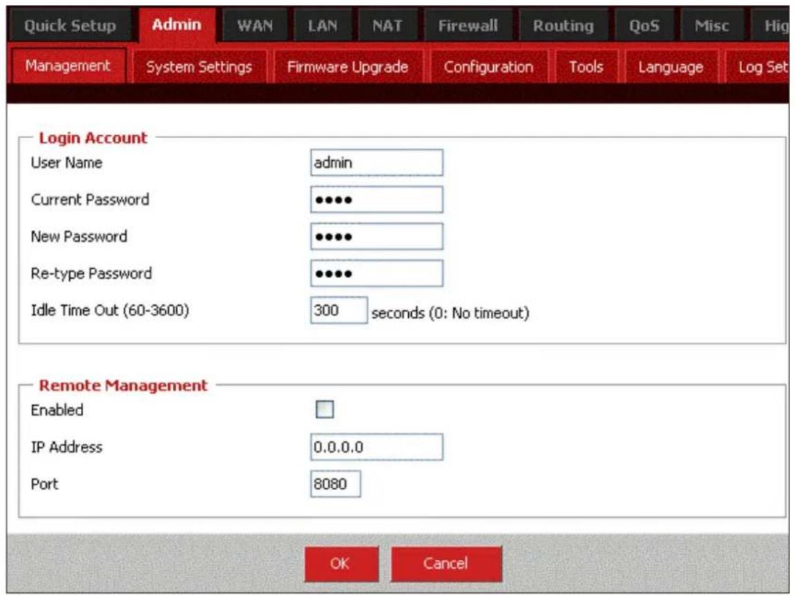 Quick Setup Admin WAN LAN NAT Firewall Routing QoS Misc High Management System Settings Firmware Upgrade Configuration Tools Language Log Set Login Account User Name admin Current Password ••••• New Password ••••• Re-type Password ••••• Idle Time Out (60-3600) 300 seconds (0: No timeout) Remote Mana…