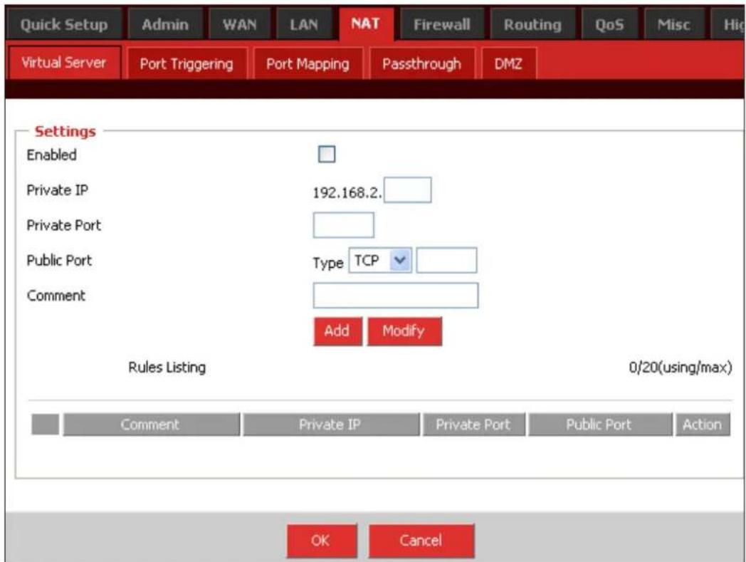 Quick Setup Admin WAN LAN NAT Firewall Routing QoS Misc High Virtual Server Port Triggering Port Mapping Passthrough DMZ Settings Enabled Private IP 192.168.2. Private Port Public Port Type TCP Comment Add Modify Rules Listing 0/20(using/max) Comment Private IP Private Port Public Port Action OK Can…