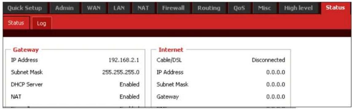 Quick Setup Admin WAN LAN NAT Firewall Routing QoS Misc High level Status Status Log Gateway IP Address 192.168.2.1 Subnet Mask 255.255.255.0 DHCP Server Enabled NAT Enabled Internet Cable/DSL Disconnected IP Address 0.0.0.0 Subnet Mask 0.0.0.0 Gateway 0.0.0.0