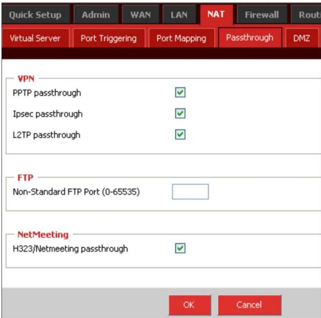 Quick Setup Admin WAN LAN NAT Firewall Virtual Server Port Triggering Port Mapping Passthrough DMZ VPN PPTP passthrough ✓ Ipsec passthrough ✓ L2TP passthrough ✓ FTP Non-Standard FTP Port (0-65535) ✓ NetMeeting H323/Netmeeting passthrough ✓ OK Cancel