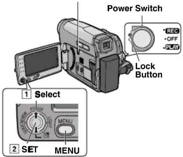Power Switch • REC • OFF • PLAY Lock Button 1 Select 2 SET MENU