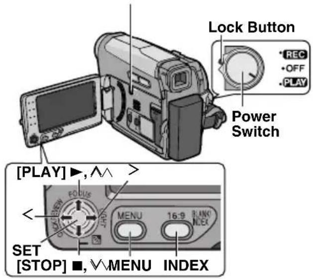 Lock Button • REC • OFF • PLAY Power Switch [PLAY] ▶,^^ SET [STOP] ■, √MENU INDEX