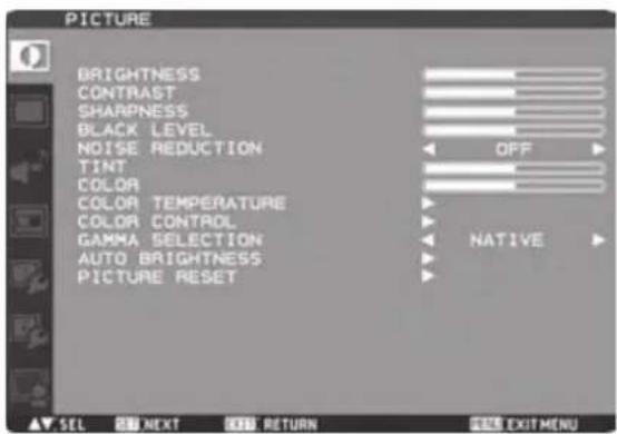 PICTURE BRIGHTNESS CONTRAST SHARPNESS BLACK LEVEL NOISE REDUCTION TINT COLOR COLOR TEMPERATURE COLOR CONTROL GAMMA SELECTION AUTO BRIGHTNESS PICTURE RESET OFF NATIVE SEL NEXT RETURN EXIT MENU