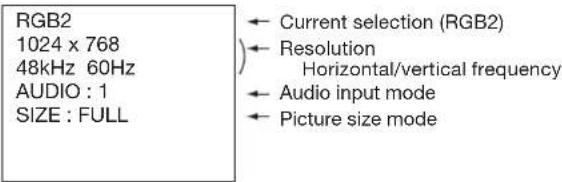 RGB2 1024 x 768 48kHz 60Hz AUDIO : 1 SIZE : FULL ← Current selection (RGB2) ← Resolution Horizontal/vertical frequency ← Audio input mode ← Picture size mode