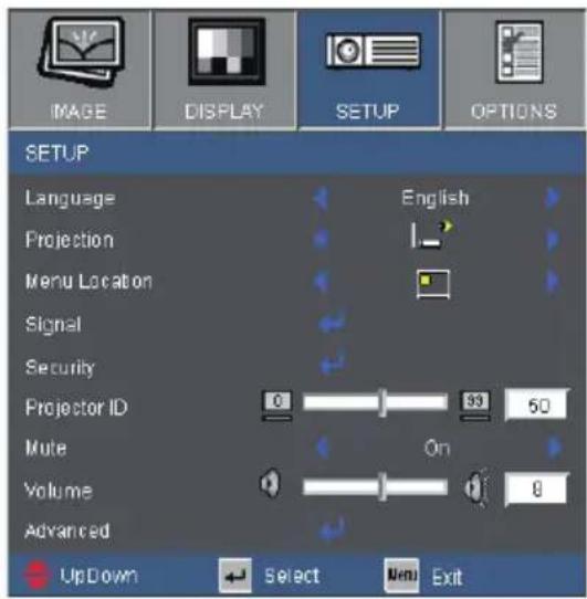IMAGE DISPLAY SETUP OPTIONS SETUP Language English Projection Menu Location Signal Security Projector ID 0 99 50 Mute On Volume 0 Advanced UpDown Select Mem Exit