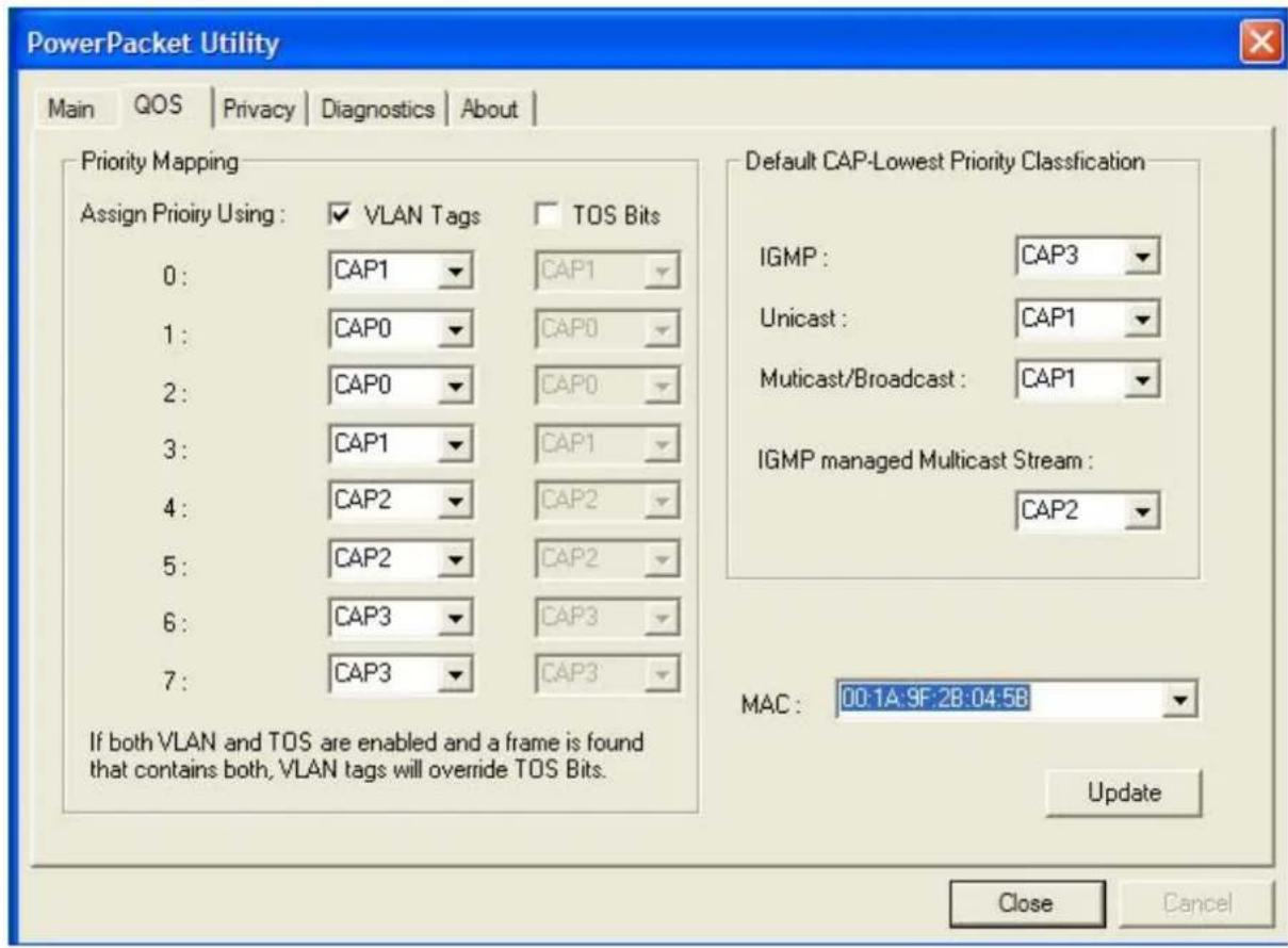 PowerPacket Utility Main QOS Privacy Diagnostics About Priority Mapping Assign Prioiry Using: ✓ VLAN Tags ✓ TOS Bits 0: CAP1 CAP1 1: CAP0 CAP0 2: CAP0 CAP0 3: CAP1 CAP1 4: CAP2 CAP2 5: CAP2 CAP2 6: CAP3 CAP3 7: CAP3 CAP3 If both VLAN and TOS are enabled and a frame is found that contains both, VLAN…