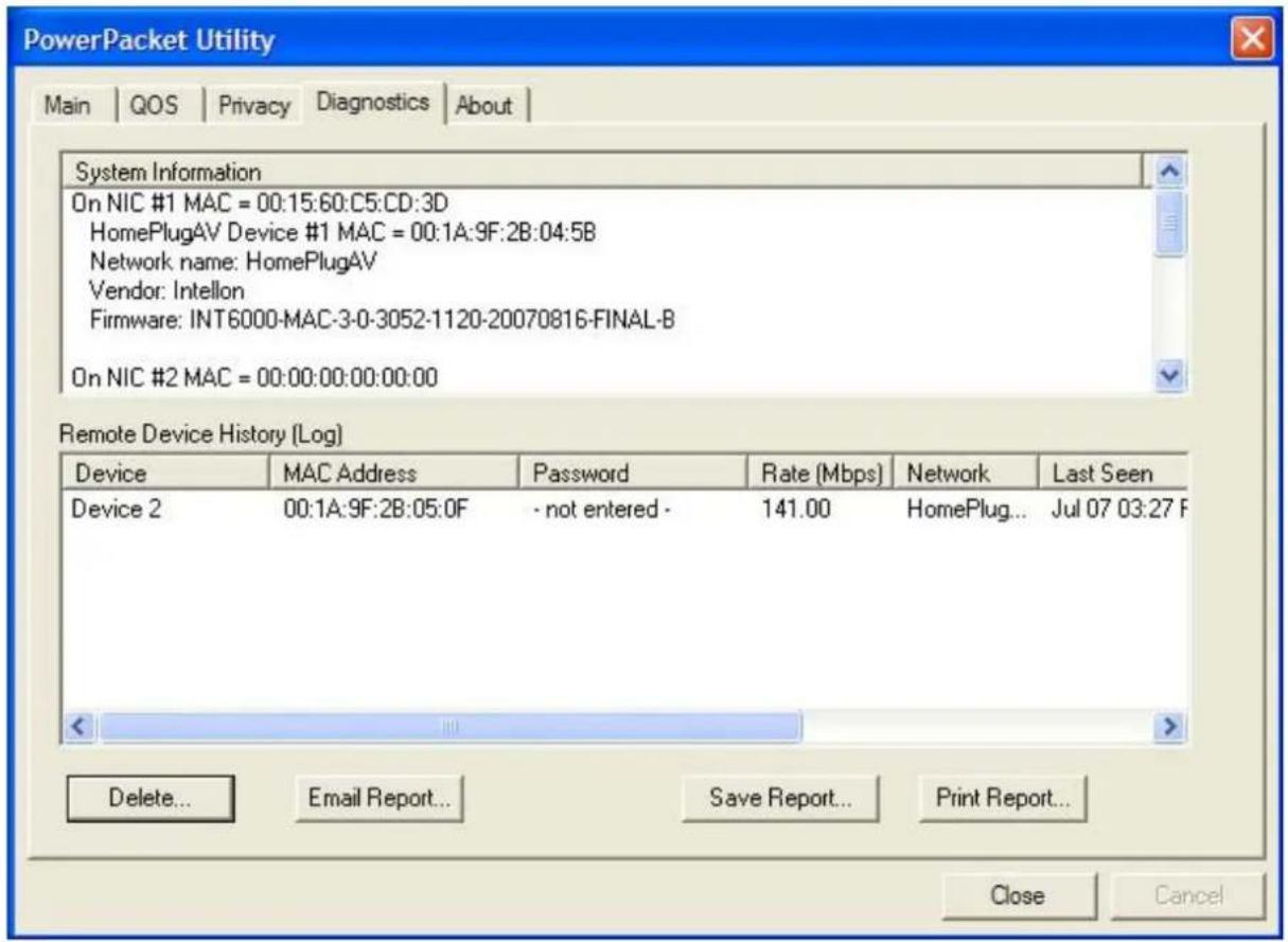 PowerPacket Utility Main | QOS | Privacy | Diagnostics | About | System Information On NIC #1 MAC = 00:15:60:C5:CD:3D HomePlugAV Device #1 MAC = 00:1A:9F:2B:04:5B Network name: HomePlugAV Vendor: Intellon Firmware: INT6000-MAC-3-0-3052-1120-20070816-FINAL-B On NIC #2 MAC = 00:00:00:00:00:00 Remote D…