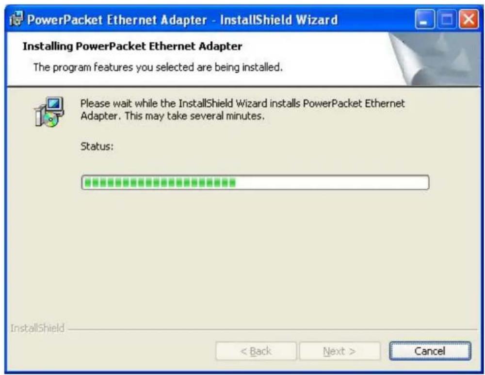 PowerPacket Ethernet Adapter - InstallShield Wizard Installing PowerPacket Ethernet Adapter The program features you selected are being installed. Please wait while the InstallShield Wizard installs PowerPacket Ethernet Adapter. This may take several minutes. Status: InstallShield < Back Next > Canc…