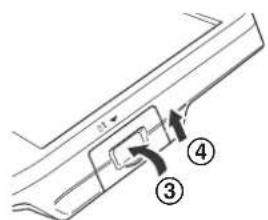 Technical diagram showing a mechanical component with numbered parts and directional arrows indicating movement or assembly.