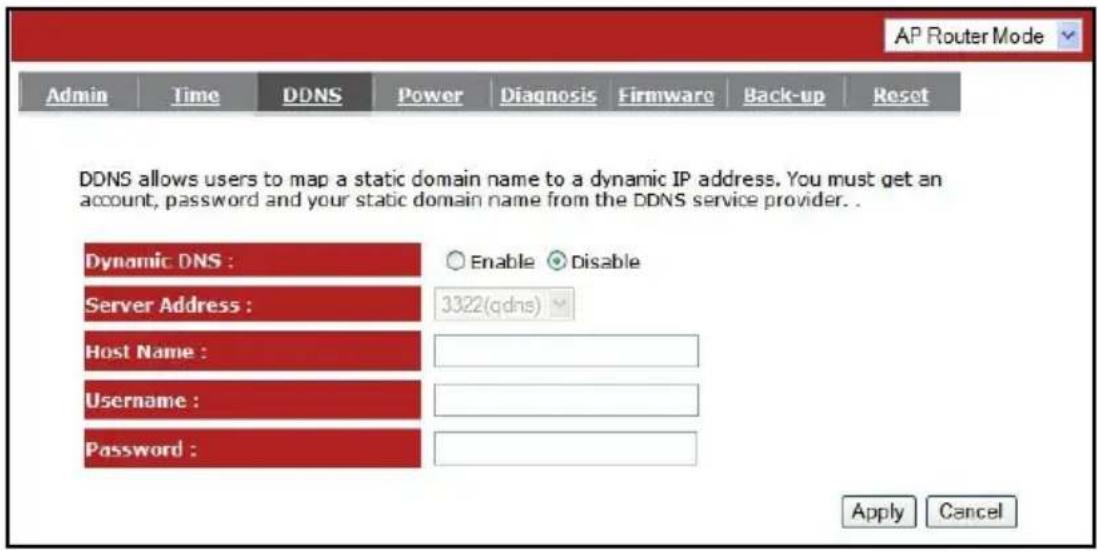 AP Router Mode Admin Time DDNS Power Diagnosis Firmware Back-up Reset DDNS allows users to map a static domain name to a dynamic IP address. You must get an account, password and your static domain name from the DDNS service provider.. Dynamic DNS : Server Address : 3322(qdns) Host Name : Username : Password : Apply Cancel