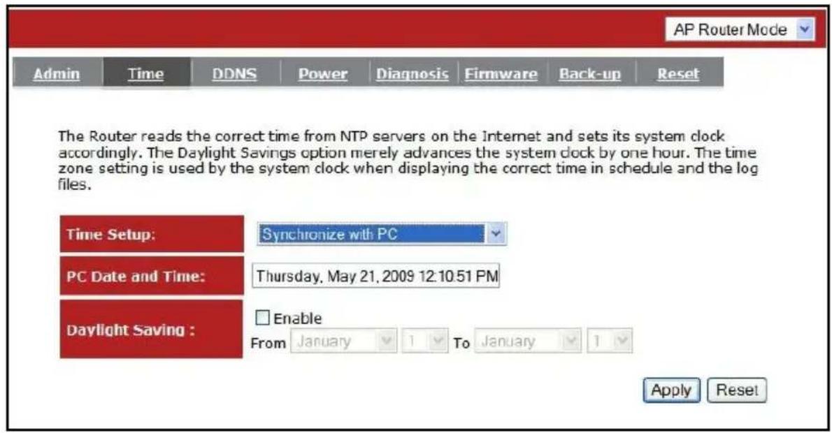 AP Router Mode Admin Time DDNS Power Diagnosis Firmware Back-up Reset The Router reads the correct time from NTP servers on the Internet and sets its system clock accordingly. The Daylight Savings option merely advances the system clock by one hour. The time zone setting is used by the system clock when displaying the correct time in schedule and the log files. Time Setup: Synchronize with PC PC Date and Time: Thursday, May 21, 2009 12:10.51 PM Daylight Saving : Enable From January 1 To January 1 Apply Reset