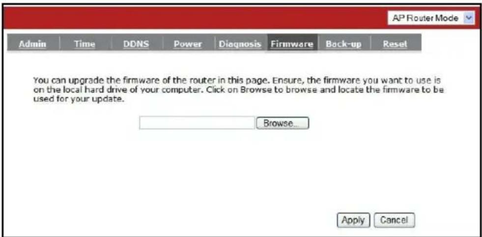 AP Router Mode Admin Time DDNS Power Diagnosis Firmware Back-up Reset You can upgrade the firmware of the router in this page. Ensure, the firmware you want to use is on the local hard drive of your computer. Click on Browse to browse and locate the firmware to be used for your update. Browse... Apply Cancel