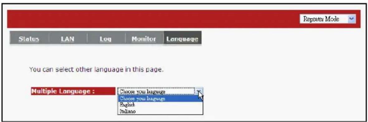 Repeat Mode Status LAN Log Monitor Language You can select other language in this page. Multiple Language : Choose you language Choose you language English Italiano