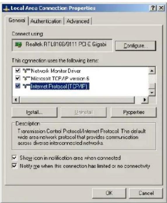 Local Area Connection Properties General Authentication Advanced Connect using Realtek RTL8168/9111 PCI-E Gigabi Configure... This connection uses the following items: Network Monitor Driver Microsoft TCP/IP version 6 Internet Protocol (TCP/IP) Install... Uninstall Properties Description Transmission Control Protocol/Internet Protocol. The default wide area network protocol that provides communication across diverse interconnected networks. Show icon in notification area when connected Notify me when this connection has limited or no connectivity OK Cancel