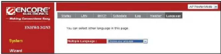 ENCORE® ELECTRONICS Making Connections Easy ENHWI-3GN3 System Wizard Status LAN DHCP Schedule Lag Master Language You can select other language in this page. Multiple Language: Choose your IPHS.asp