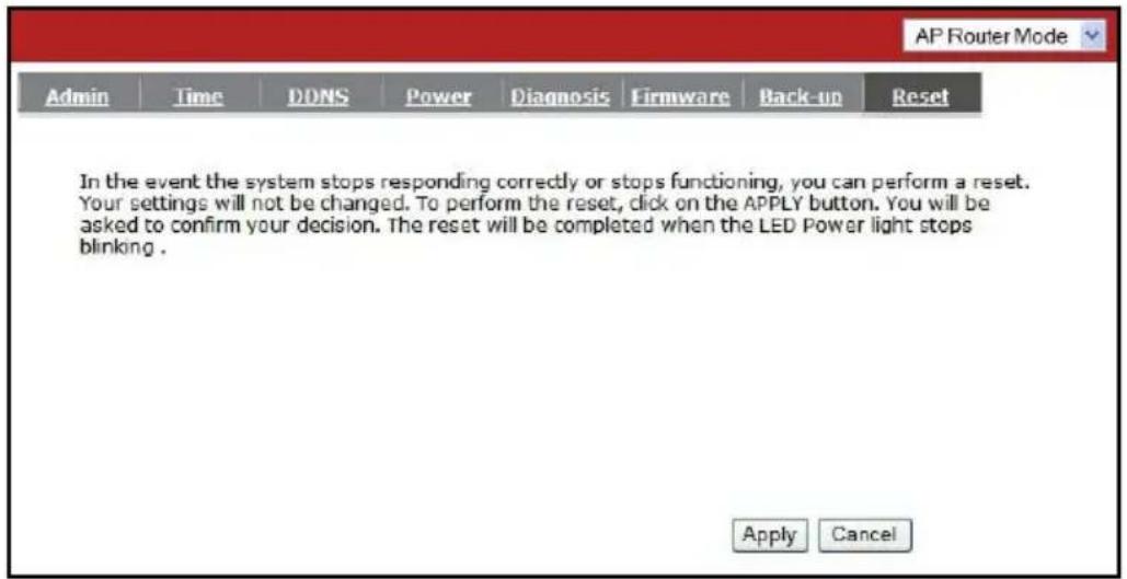 AP Router Mode Admin Time DONS Power Diagnosis Firmware Back-up Reset In the event the system stops responding correctly or stops functioning, you can perform a reset. Your settings will not be changed. To perform the reset, click on the APPLY button. You will be asked to confirm your decision. The reset will be completed when the LED Power light stops blinking . Apply Cancel