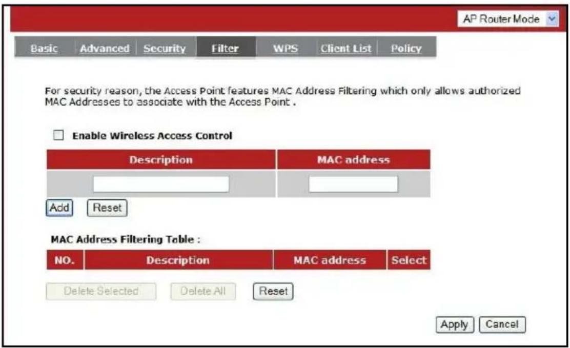 AP Router Mode Basic Advanced Security Filter WPS Client List Policy For security reason, the Access Point features MAC Address Filtering which only allows authorized MAC Addresses to associate with the Access Point . Enable Wireless Access Control Description MAC address Add Reset MAC Address Filtering Table : NO. Description MAC address Select Delete Selected Delete All Reset Apply Cancel