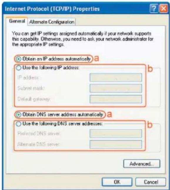 Internet Protocol (TCP/IP) Properties General Alternate Configuration You can get IP settings assigned automatically if your network supports this capability. Otherwise, you need to ask your network administrator for the appropriate IP settings. Obtain an IP address automatically a Use the following IP address: IP address: Subnet mask: Default gateway: Obtain DNS server address automatically a Use the following DNS server addresses: Preferred DNS server: Alternate DNS server: Advanced... OK Cancel