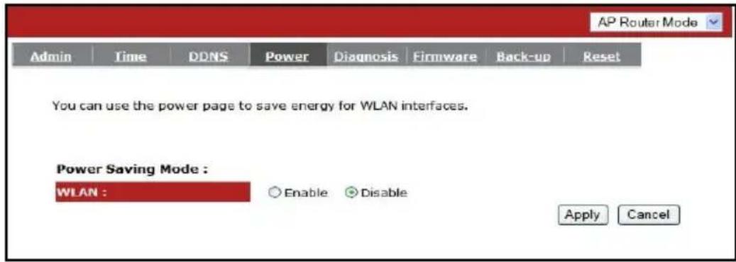 AP Router Mode Admin Time DDNS Power Diagnosis Firmware Back-up Reset You can use the power page to save energy for WLAN interfaces. Power Saving Mode : WLAN : Enable Disable Apply Cancel