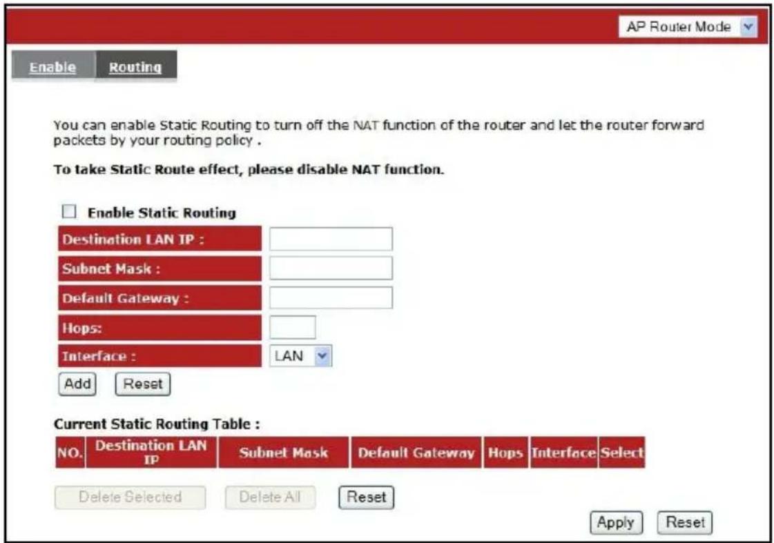 AP Router Mode Enable Routing You can enable Static Routing to turn off the NAT function of the router and let the router forward packets by your routing policy . To take Static Route effect, please disable NAT function. Enable Static Routing Destination LAN IP : Subnet Mask : Default Gateway : Hops: Interface : LAN Add Reset Current Static Routing Table : NO. Destination LAN IP Subnet Mask Default Gateway Hops Interface Select Delete Selected Delete All Reset Apply Reset