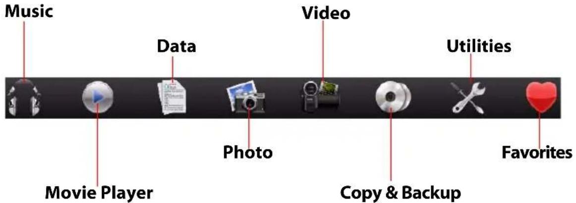 Music Data Video Utilities Movie Player Photo Copy & Backup Favorites