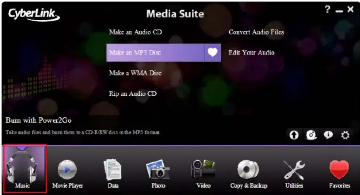 CyberLink Media Suite Make an Audio CD Convert Audio Files Make an MP3 Disc Edit Your Audio Make a WMA Disc Rip an Audio CD Burn with Power2Go Take audio files and burn them to a CD-R/RW disc in the MP3 format. Music Movie Player Data Photo Video Copy & Backup Utilities Favorites