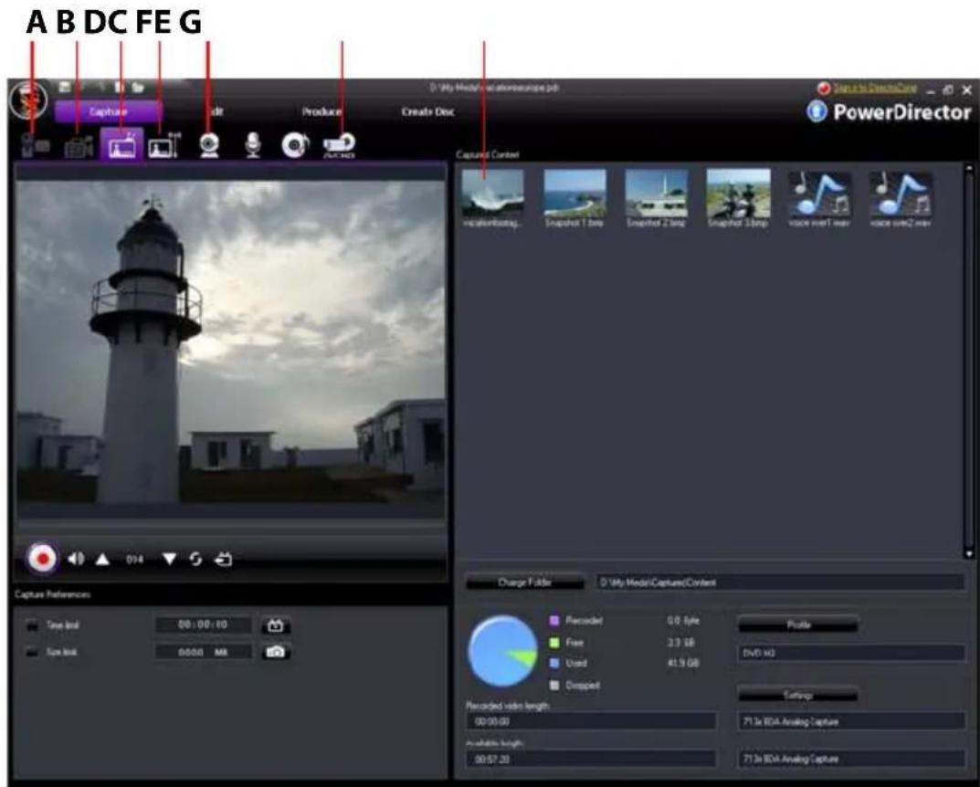 A B DC FEG Capture Edit Produce Create Disc Capture Content Waterloading... Snapshot 1.00 Snapshot 2.00 Snapshot 3.00 voice mount user voice mount user Capture References True bird 00:00:10 Sure bird 00:00 MB Change Filter 0 My Model Capture Content Recorded 0.8 fps Free 3.3 GB DVD WD Used 41.9 GB Dropped Recorded video length 00:00:00 Available link 00:57:20 71 in BDIA Analog Capture 71 in BDIA Analog Capture