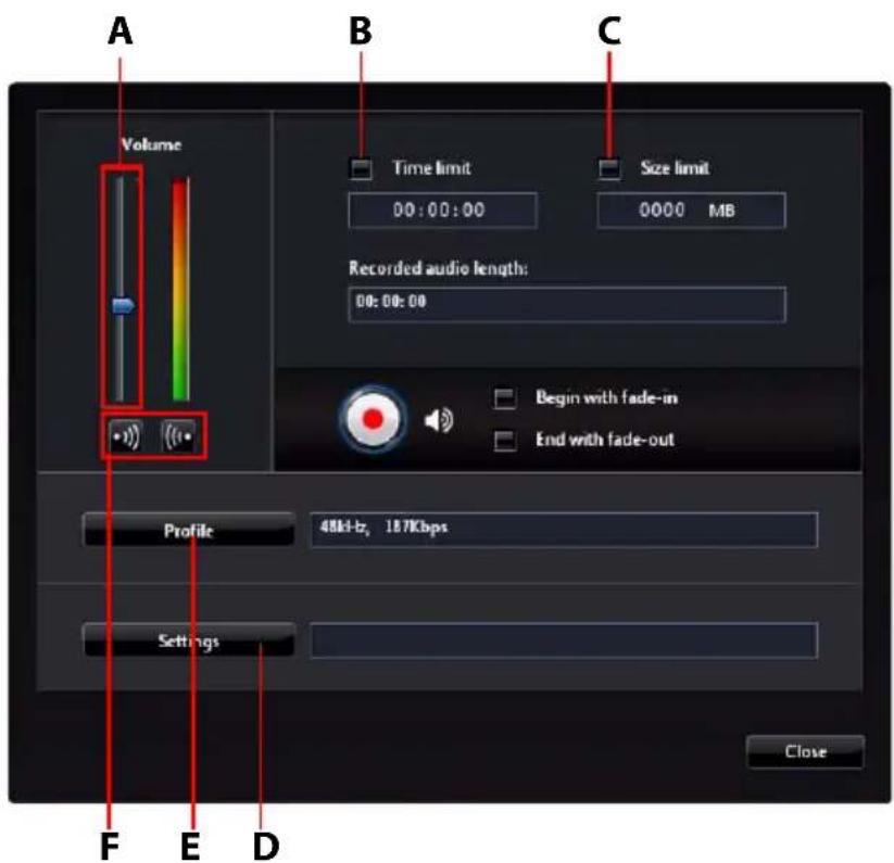 A Volume B Time limit 00:00:00 Size limit 0000 MB Recorded audio length: 00:00:00 Begin with fade-in End with fade-out Profile 48kHz, 16.7Kbps Settings Close F E D