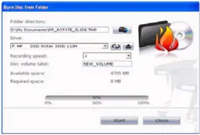 Burn Disc from Folder Folder directory: D:\My Documents\PP_ROTATE_SLIDE.TMP Drive: F: HP DVD Writer 540b 110H Recording speed: 4 Disc volume label: NEW_VOLUME Available space: 4700 MB Required space: 0 MB 0% 0% 50% 100% Start Close