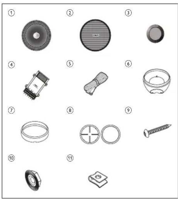 Diagram showing 11 labeled mechanical parts including speaker, disc, motor, and screw with numbered labels.