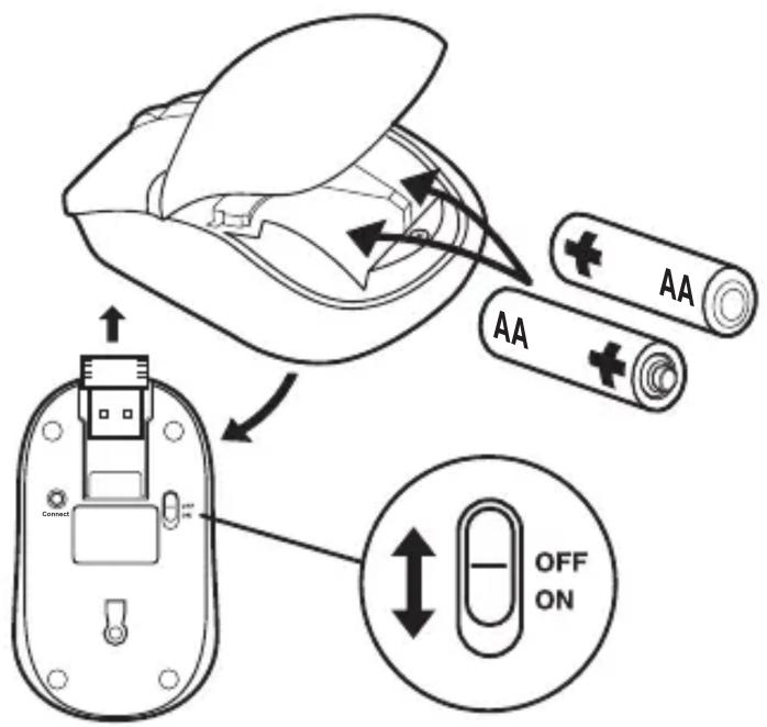 Diagram illustrating the installation of an electrical switch with battery, showing connections and OFF/ON states.