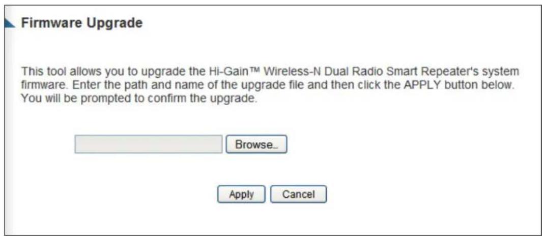 Firmware Upgrade This tool allows you to upgrade the Hi-Gain™ Wireless-N Dual Radio Smart Repeater's system firmware. Enter the path and name of the upgrade file and then click the APPLY button below. You will be prompted to confirm the upgrade.