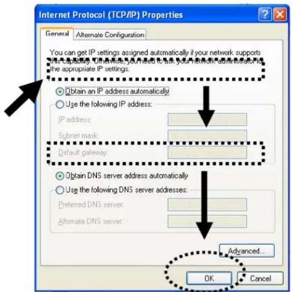 Internet Protocol (TCP/IP) Properties General Alternate Configuration You can get IP settings assigned automatically if your network supports the appropriate IP settings. Obtain an IP address automatically Use the following IP address: IP address: Subnet mask: Default gateway: Obtain DNS server address automatically Use the following DNS server addresses: Preferred DNS server: Alternate DNS server: Advanced... OK Cancel
