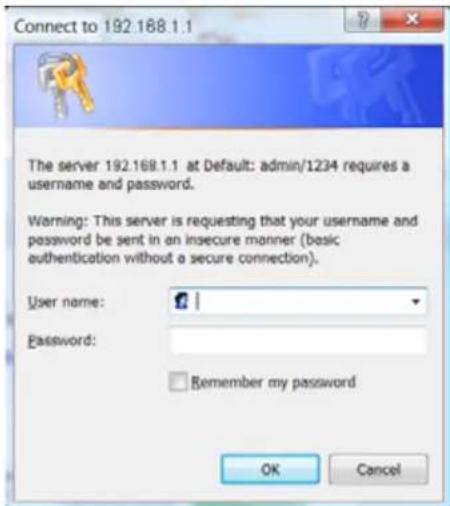 Connect to 192.168.1.1 The server 192.168.1.1 at Default: admin/1234 requires a username and password. Warning: This server is requesting that your username and password be sent in an insecure manner (basic authentication without a secure connection). User name: Password: Remember my password OK Cancel