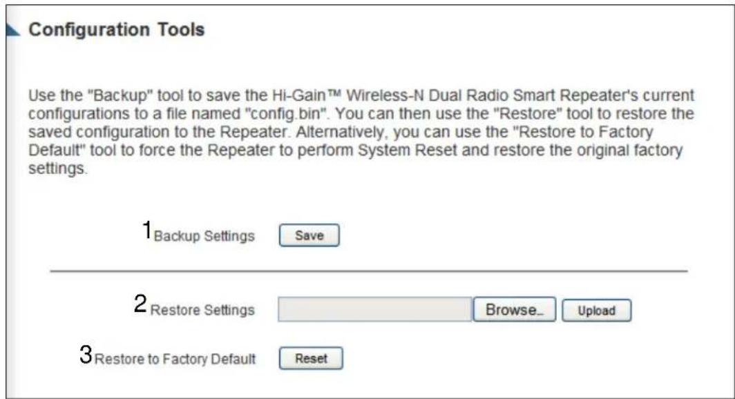 Configuration Tools Use the "Backup" tool to save the Hi-Gain™ Wireless-N Dual Radio Smart Repeater's current configurations to a file named "config.bin". You can then use the "Restore" tool to restore the saved configuration to the Repeater. Alternatively, you can use the "Restore to Factory Default" tool to force the Repeater to perform System Reset and restore the original factory settings. 1 Backup Settings Save 2 Restore Settings Browse_ Upload 3 Restore to Factory Default Reset