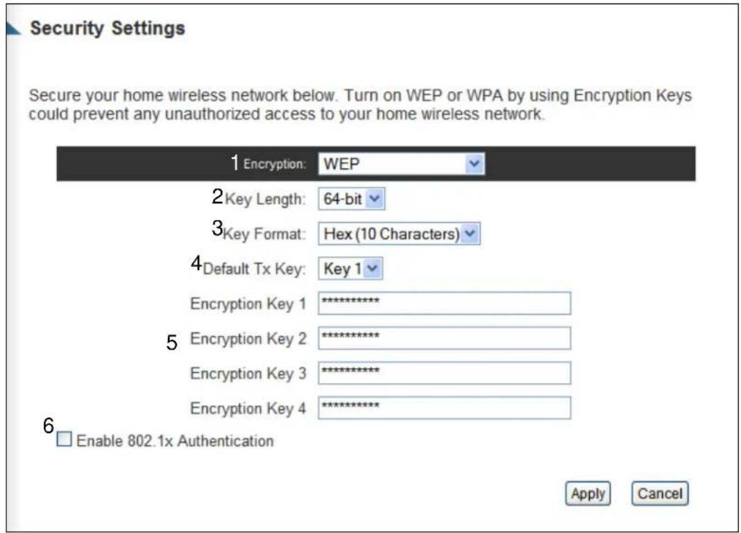 Security Settings Secure your home wireless network below. Turn on WEP or WPA by using Encryption Keys could prevent any unauthorized access to your home wireless network. 1 Encryption: WEP 2 Key Length: 64-bit 3 Key Format: Hex (10 Characters) 4 Default Tx Key: Key 1 Encryption Key 1 ********** 5 Encryption Key 2 ********** Encryption Key 3 ********** Encryption Key 4 ********** Enable 802.1x Authentication Apply Cancel