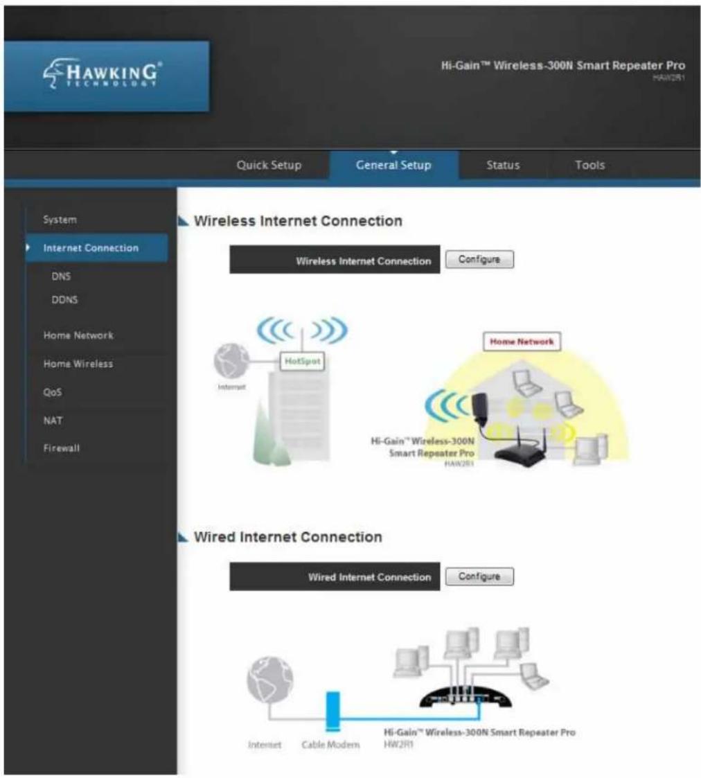 HAWKING® Hi-Gain™ Wireless-300N Smart Repeater Pro HAW2R1 Quick Setup General Setup Status Tools System Internet Connection DNS DDNS Home Network Home Wireless QoS NAT Firewall Wireless Internet Connection Wireless Internet Connection Configure HotSpot Internet Home Network Hi-Gain™ Wireless-300N Smart Repeater Pro HAW2R1 Wired Internet Connection Wired Internet Connection Configure Internet Cable Modem Hi-Gain™ Wireless-300N Smart Repeater Pro HW2R1