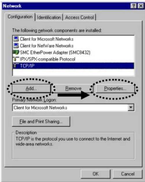 Network Configuration | Identification | Access Control | The following network components are installed: Client for Microsoft Networks Client for NetWare Networks SMC EtherPower Adapter (SMC8432) IPX/SPX-compatible Protocol TCP/IP Add... Remove Properties... Primary Network Logon: Client for Microsoft Networks File and Print Sharing... Description TCP/IP is the protocol you use to connect to the Internet and wide-area networks. OK Cancel