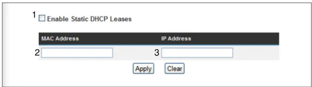 Enable Static DHCP Leases MAC Address IP Address 2 3 Apply Clear