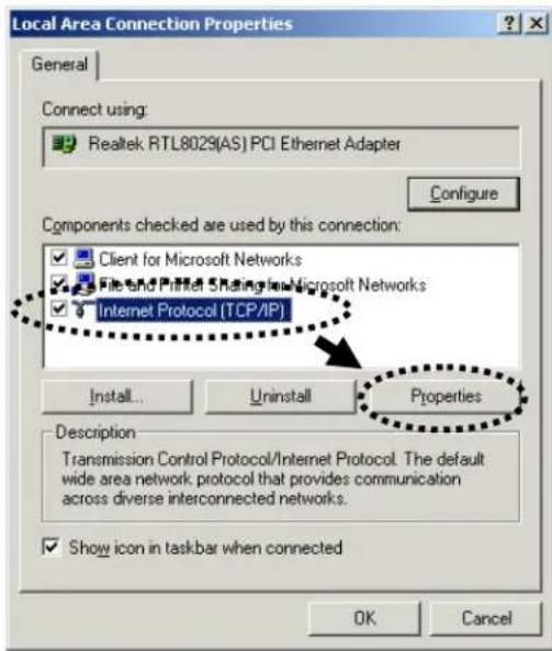 Local Area Connection Properties General Connect using: Realtek RTL8029(AS) PCI Ethernet Adapter Configure Components checked are used by this connection: Client for Microsoft Networks File and Printet 5Rating for Microsoft Networks Internet Protocol (TCP/IP) Install... Uninstall Properties Description Transmission Control Protocol/Internet Protocol. The default wide area network protocol that provides communication across diverse interconnected networks. Show icon in taskbar when connected OK Cancel