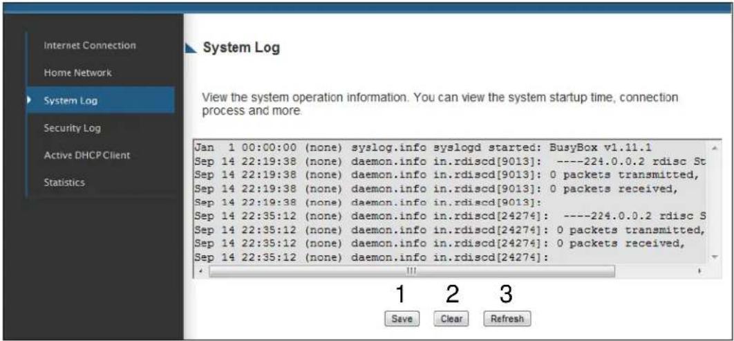 System Log View the system operation information. You can view the system startup time, connection process and more. Jan 1 00:00:00 (none) syslog.info syslogd started: BusyBox v1.11.1 Sep 14 22:19:38 (none) daemon.info in.rdiscd[9013]: ----224.0.0.2 rdisc St Sep 14 22:19:38 (none) daemon.info in.rdiscd[9013]: 0 packets transmitted, Sep 14 22:19:38 (none) daemon.info in.rdiscd[9013]: 0 packets received, Sep 14 22:19:38 (none) daemon.info in.rdiscd[9013]: Sep 14 22:35:12 (none) daemon.info in.rdiscd[24274]: ----224.0.0.2 rdisc S Sep 14 22:35:12 (none) daemon.info in.rdiscd[24274]: 0 packets transmitted, Sep 14 22:35:12 (none) daemon.info in.rdiscd[24274]: 0 packets received, Sep 14 22:35:12 (none) daemon.info in.rdiscd[24274]: ... 1 2 3 Save Clear Refresh
