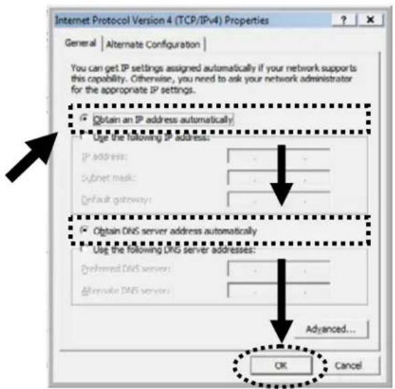 Internet Protocol Version 4 (TCP/IPv4) Properties General | Alternate Configuration | You can get IP settings assigned automatically if your network supports this capability. Otherwise, you need to ask your network administrator for the appropriate IP settings. Obtain an IP address automatically Use the following IP address: IP address: Subnet mask: Default gateway: Obtain DNS server address automatically Use the following DNS server addresses: Deferred DNS servers: Alternate DNS servers: Advanced... OK Cancel