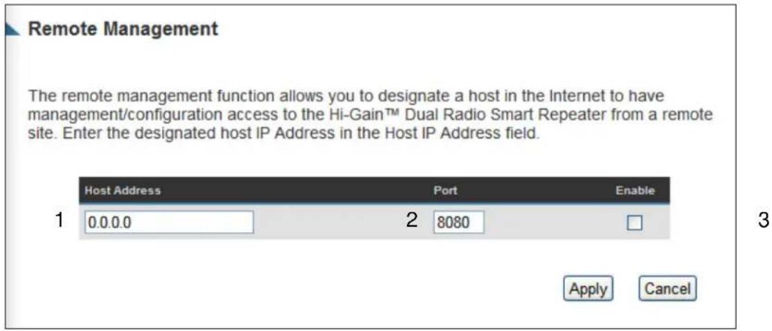 Remote Management The remote management function allows you to designate a host in the Internet to have management/configuration access to the Hi-Gain™ Dual Radio Smart Repeater from a remote site. Enter the designated host IP Address in the Host IP Address field. Host Address Port Enable 1 0.0.0.0 2 8080 Apply Cancel