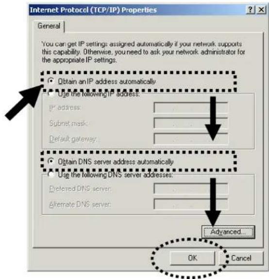Internet Protocol (TCP/IP) Properties General You can get IP settings assigned automatically if your network supports this capability. Otherwise, you need to ask your network administrator for the appropriate IP settings. Obtain an IP address automatically Use the following IP address: IP address: Subnet mask: Default gateway: Obtain DNS server address automatically Use the following DNS server addresses: Entered DNS server: Alternate DNS server: Advanced... OK Cancel