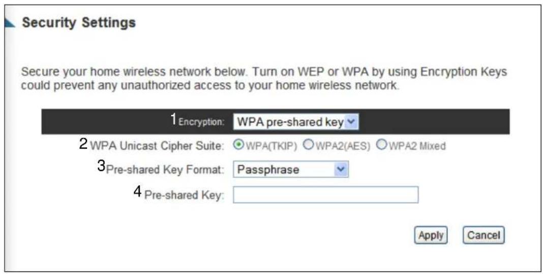 Security Settings Secure your home wireless network below. Turn on WEP or WPA by using Encryption Keys could prevent any unauthorized access to your home wireless network. 1 Encryption: WPA pre-shared key 2 WPA Unicast Cipher Suite: ○WPA(TKIP) ○WPA2(AES) ○WPA2 Mixed 3 Pre-shared Key Format: Passphrase 4 Pre-shared Key: Apply Cancel
