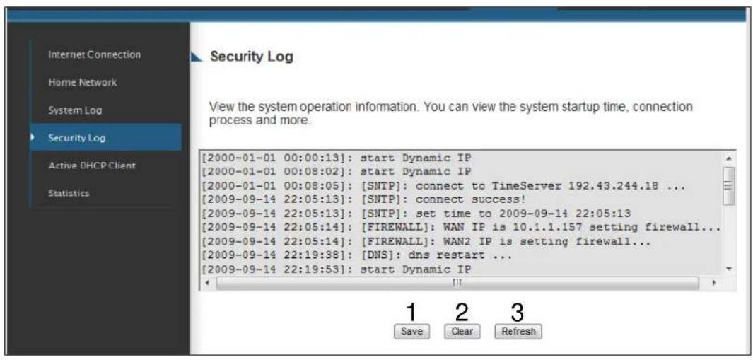 Security Log View the system operation information. You can view the system startup time, connection process and more. [2000-01-01 00:00:13]: start Dynamic IP [2000-01-01 00:08:02]: start Dynamic IP [2000-01-01 00:08:05]: [SNTP]: connect to TimeServer 192.43.244.18 ... [2009-09-14 22:05:13]: [SNTP]: connect success! [2009-09-14 22:05:13]: [SNTP]: set time to 2009-09-14 22:05:13 [2009-09-14 22:05:14]: [FIREWALL]: WAN IP is 10.1.1.157 setting firewall... [2009-09-14 22:05:14]: [FIREWALL]: WAN2 IP is setting firewall... [2009-09-14 22:19:38]: [DNS]: dns restart ... [2009-09-14 22:19:53]: start Dynamic IP 1 Save Clear Refresh